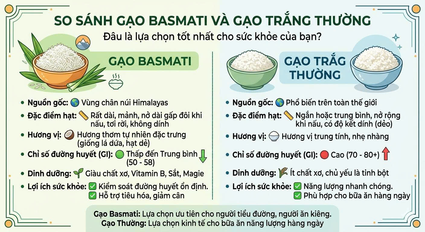 So sánh gạo Basmati và gạo trắng thường